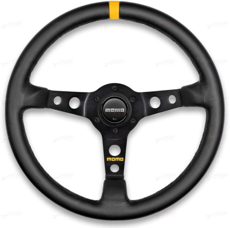 MOMO Motorsport MOD. 07 Racing Steering Wheel Black Leather Grip Brushed Black Anodized Spoke Yellow Stripe 350mm w/ 72mm dish - R1905/35L